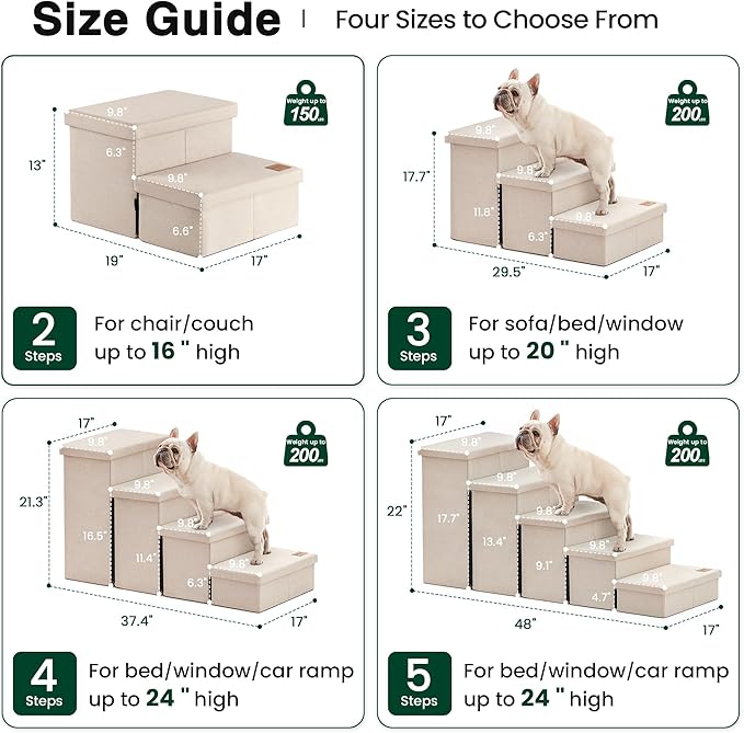 Love's cabin Dog Stairs for High Bed, Foldable Pet Stairs for Small Medium or Large Dogs Puppy with Storage for Bed or Couch, Cat Dog Steps Ramp with Zip up to 200 lbs, Beige, 4 Steps