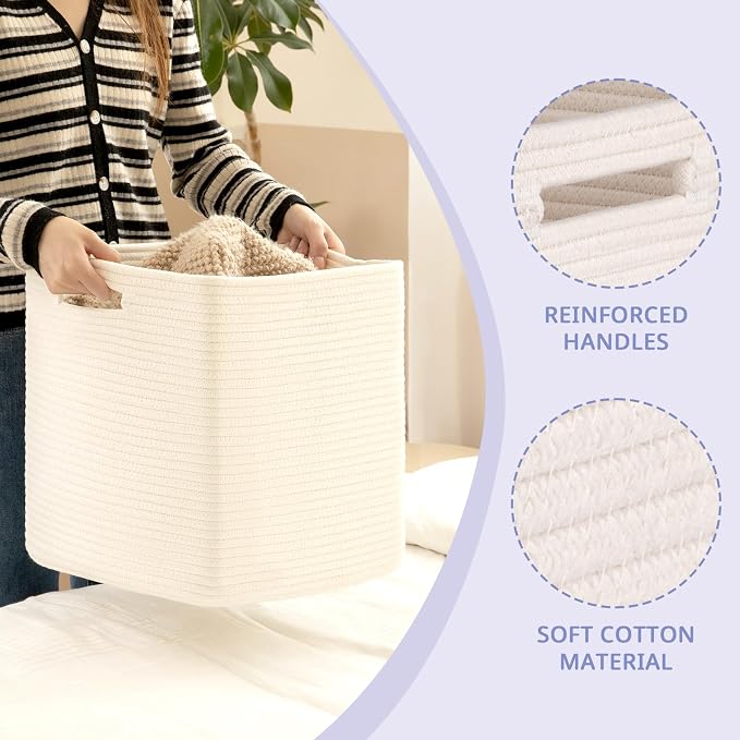 OIAHOMY 2 PACK Cube Storage Bin 13 Inch Collapsible Storage Cube White | Cube Storage Organizer Storage Bins for Shelves Baskets for Organizing Woven Rope Storage Baskets
