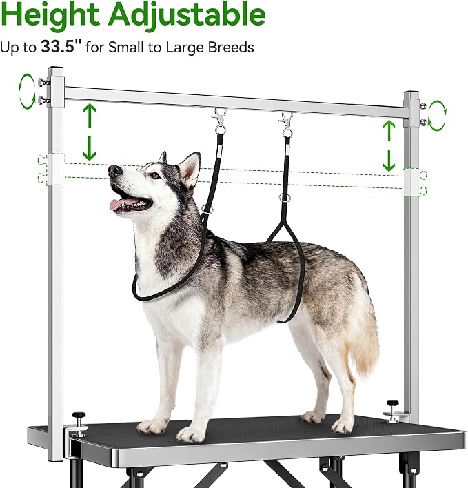 pickpiff Dog Grooming Table with Arm, 35.5" L×23.6" W x 30" H Foldable Heavy Duty Pet Grooming Station with Adjustable 33.5" Height Arm, Hammock & Nooses, Tray, Non-Slip Waterproof Tabletop