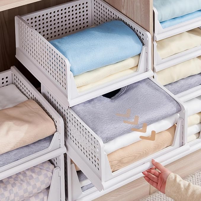 This Foldable and Stackable Clothes 4-Tier Drawer Storage Shelf for Bedroom Kitchen Living Room Bathroom (White 18cm + 14cm Height)
