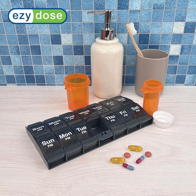 Ezy Dose Weekly (7-Day) AM/PM Pill Organizer, X-Large Medicine Case, Black | Daily Vitamin Box & Supplement Planner, 2 Times a Day Push Button Compartments, Arthritis-Friendly, Travel-Friendly, BPA-Free