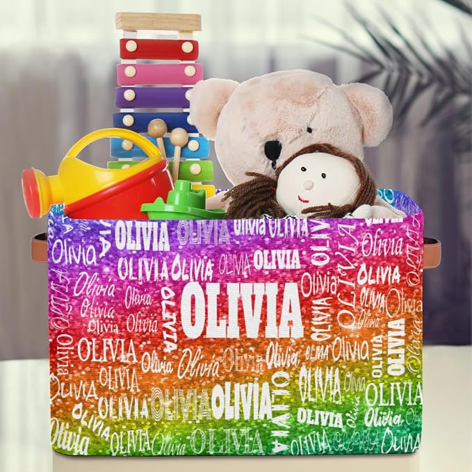 Custom Name Storage Bin, Bright Colorful Rainbow Sequins Glitter | Organizing Boys Girls Pets Toys Closet Shelf Clothes Books