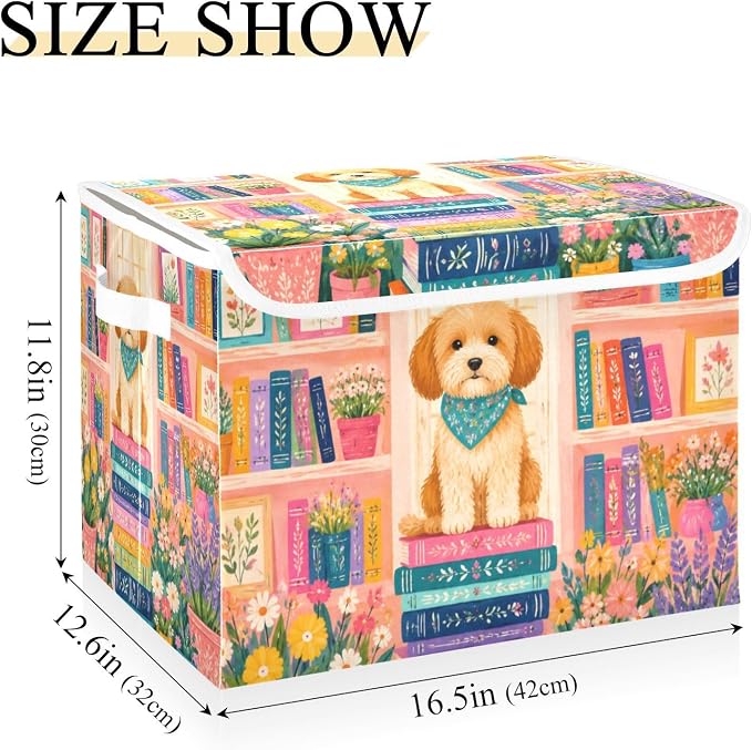 Fabric Storage Bins with Lid Cute Dog Floral Closet Storage Basket 40L | Foldable & Stackable, Flip Top Dust Guard, Reinforced Handles, Home & Bedroom, Clothes & Toys, Oxford Print Basket