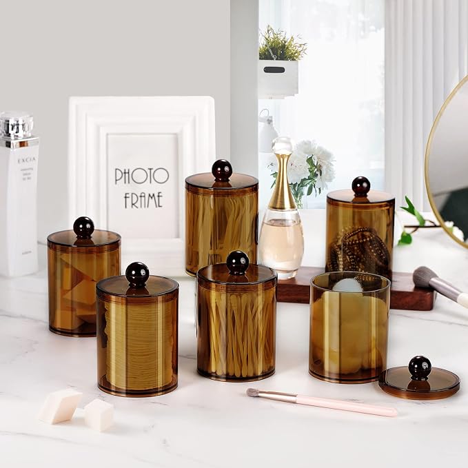 SheeChung 6 Pack Qtip Holder, Amber Acrylic Apothecary Jars for Bathroom | (3)10oz & (3)12oz Plastic Canister,Bathroom Vanity Organizer for Cotton Swabs,Balls,Pads,Modern Farmhouse Home Decor