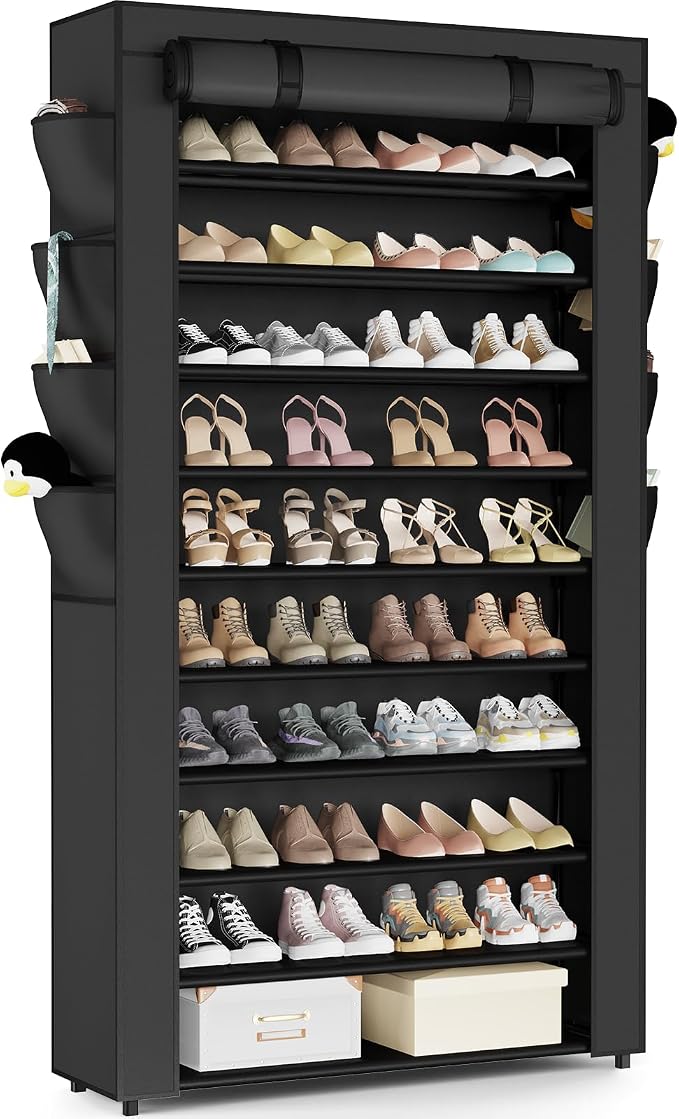 Mavivegue Shoe Rack with Cover, 10+1 Tier Tall Shoe Storage | for 50-55 Pairs of Shoes, Shoe Organizer for Entryway, Closet