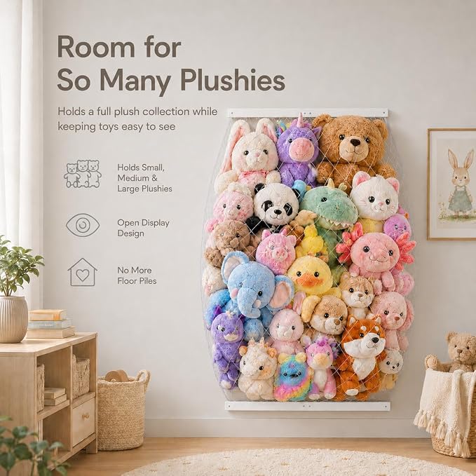 Stuffed Animal Storage Holder, Elastic Stuffed Animal Net,Door/ Wall Mount Length Adjustable Hanging Stuffed Animal Organizer, Plushie Net For Nursery Play Room-White Boards Patent