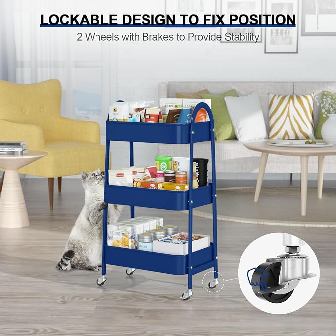 3 Tier Utility Rolling Cart, Metal Storage Cart with Handle and Lockable Wheels, Multifunctional Storage Organizer Trolley with Mesh Baskets for Kitchen, Living Room, Office, Garage (Indigo)