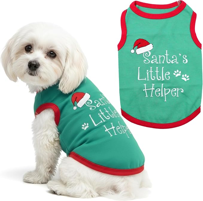 Parisian Pet Dog T-Shirt - Embroidered “Santa’s Little Helper “ Shirt - Lightweight Cotton Dog Christmas Outfit - Sleeveless Christmas Pet Clothes - Shirts for Large Dogs - XS