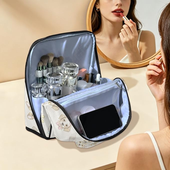 Pets Dogs Travel Makeup Bag Large Cosmetic Pouch Organizer | Toiletry Bag with Adjustable Dividers, Padded Protection, Luggage Strap, Multiple Pockets for Women Travel Essentials
