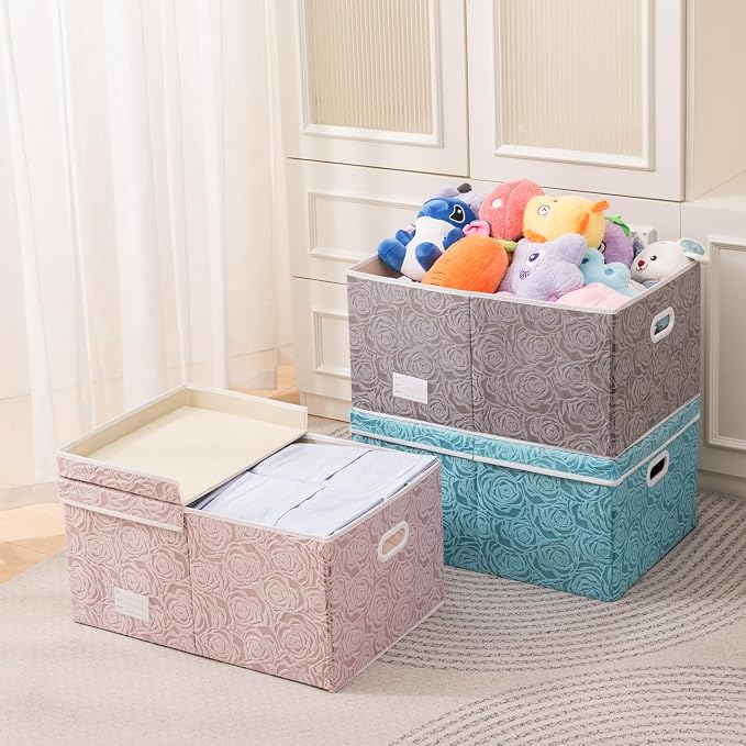 Extra Large Collapsible Storage Cubes with Lids Fabric Decorative Storage Bins Boxes Organizer Baskets with Cover Handles for Bedroom Closet Living Room 19.6x15.7x11.8 Inch 3 Pack