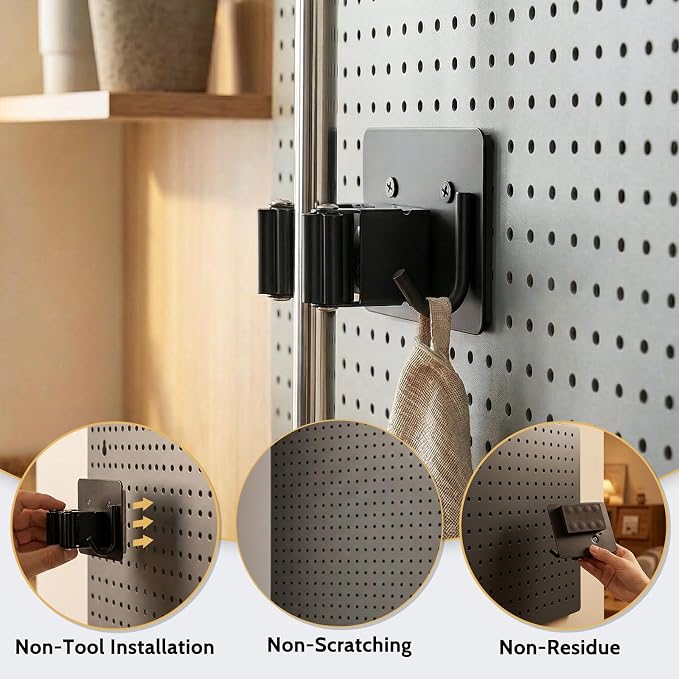 4pcs Magnetic Broom Holder Wall Mount, Black | 12.13lbs Heavy Duty, Mop and Broom Organizer, No Drill Tool Gripper, For Garage Home Office RV & Living Room