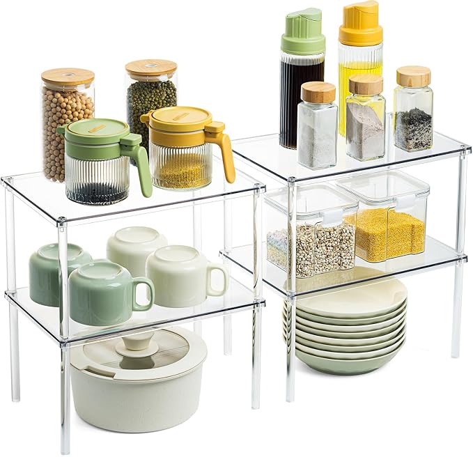 Acrylic Cabinet Organizer Set of 4, Stackable Spice Rack for Kitchen | Clear Shelf Organizer for Pantry, Cabinets, Countertops and Desks, Stackable Design Perfect for Spices and Small Items