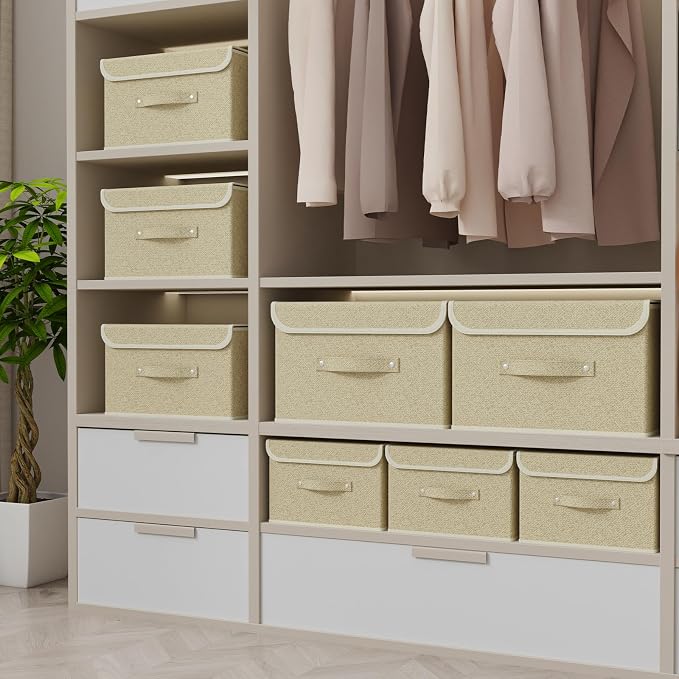 Storage Bins with Handles,Grey and Beige,10.2x7.9x6.7in,3 Pack | Storage Baskets with PP Board Support,Washable Wardrobe Organisers with Lids,Stackable Organization Bins for Socks,Ties,Scarf
