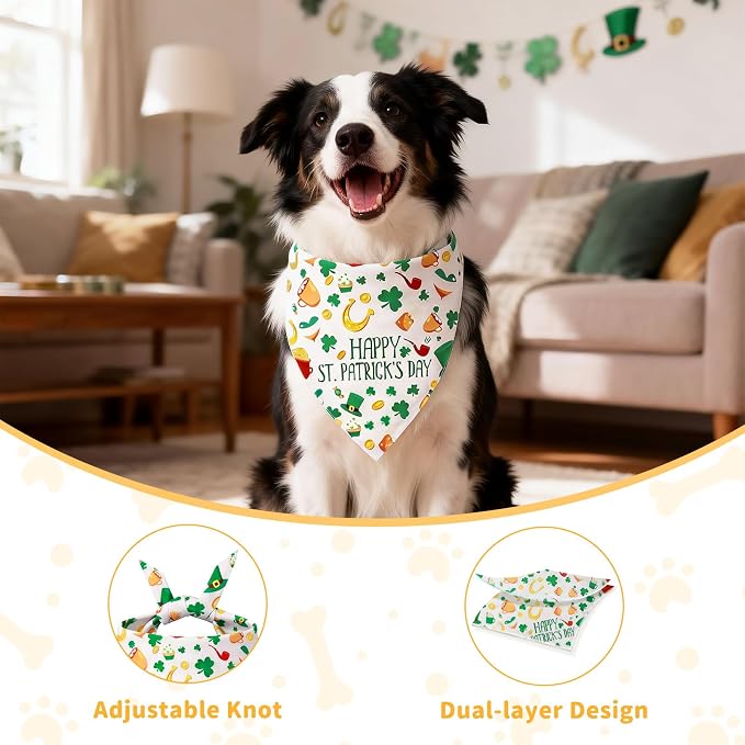 St. Patrick's Day Dog Bandanas, 2 Pack Irish Bandanas Scarf for Small Medium Large Dogs, Adjustable Triangle Bibs Scarves, Pet Scarves for Holiday Costumes Gifts