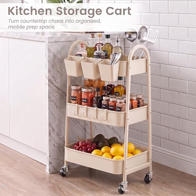 danpinera 3-Tier Rolling Cart, Utility Cart Mobile Metal Rolling Storage Cart with Lockable Wheels & Hanging Cups & Hooks for Kitchen, Bathroom, Office, Workshop, Beige
