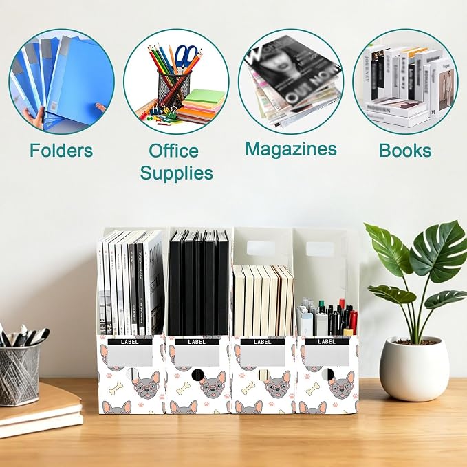 SPRIPORT Cute Pet Dog Paw Print Water Repellent PP Magazine File Holder Organizer for Desk, Foldable Storage Rack for Library Office School Document Sorter with Labels 23x30x10cm (3 Pack)