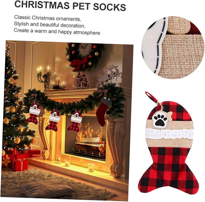Gogogmee 1pc Christmas Stocking Pouch Bag and Red Plaid Design for Pet Holiday Storage and Decorations for Filling Treats and Presents