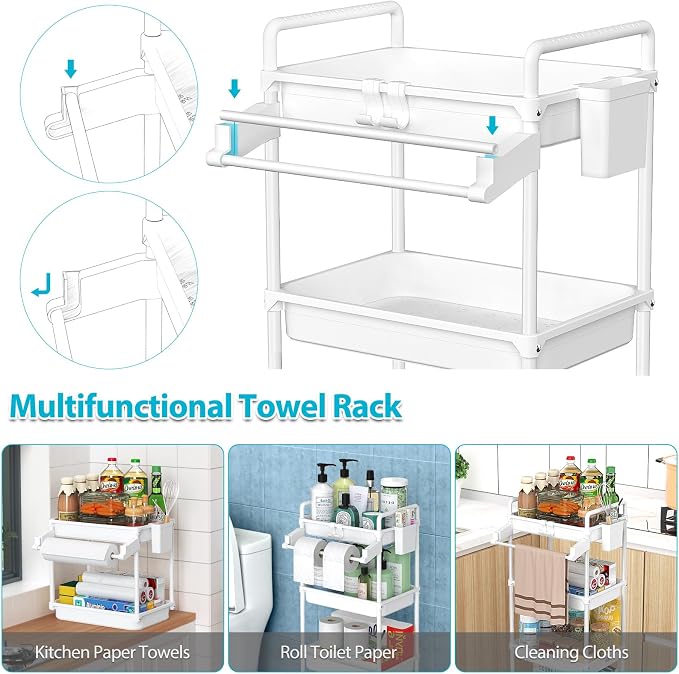 SPACEKEEPER Rolling Storage Cart, 4 Tier Utility Cart for Bathroom, White | Rolling Cart with Lockable Wheels, Towel Rack, Hooks & Cup for Laundry Room,Kitchen,Office, Snack,Craft,Art,Makeup,Nail,Toys