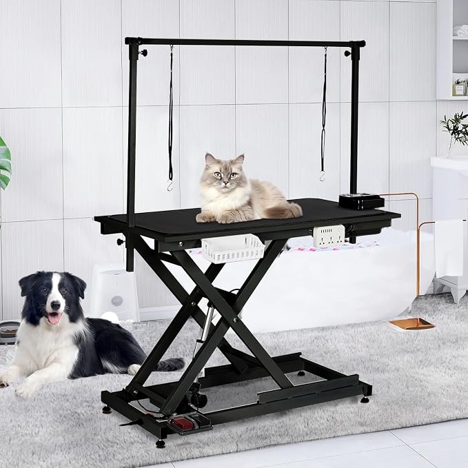 50 in Dog Grooming Table, Electric Hydraulic Grooming Table with Aluminium Overhead Arm, Anti Slip Tabletop, 6 USB Ports for Large Dogs At Home and Salon, Maximum Capacity Up to 300 LB, Black