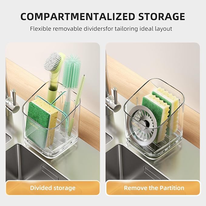 MOPMS Kitchen Sponge Holder with Drip Tray, Sink Caddy Organizer | Clear PET Kitchen Storage Rack Holds Brushes with Removable Divider, Durable Countertop Holder Space-Saving