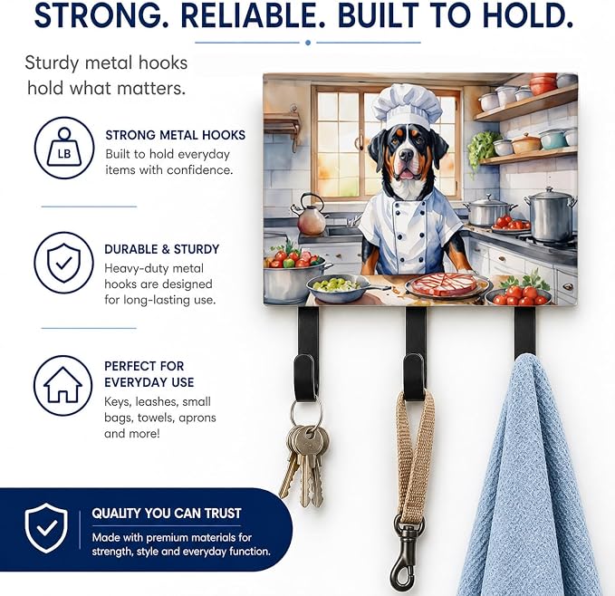 Caroline's Treasures Greater Swiss Mountain Dog The Chef Leash or Key Holder Wall Hooks, Key Hooks Holder, Coat Rack Wall Mount, Coat Hooks, Hooks for Hanging Keys, Towels, Aprons, Leashes | Greater Swiss Mountain Dog The Chef artwork on ceramic tile w...