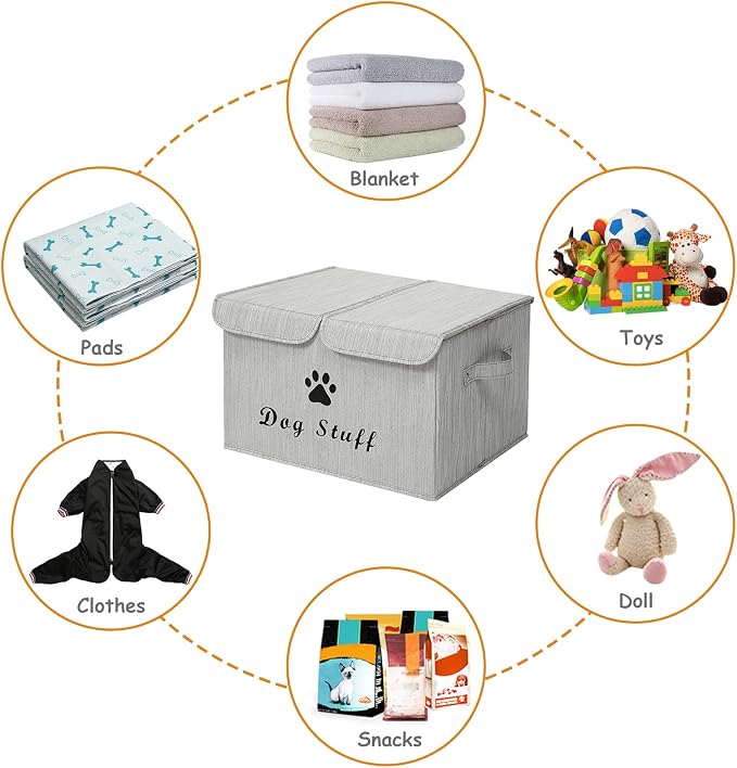 Large Storage Boxes - Large Linen Fabric Foldable Storage Cubes Bin Box Containers with Lid and Handles for Dog Apparel & Accessories, Dog Toys(BambooGray)