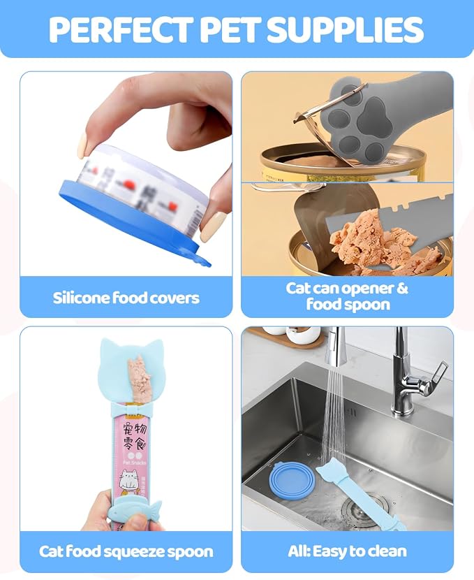 5 PCS Cat Food Can Covers Lids Set, Silicone Pet Food Can Lids with Multi-Function Cat Food Spoon and Opener, Cat Bar Squeezer, Stainless Steel Wet Food Spoon for Cats and Dogs (Blue)