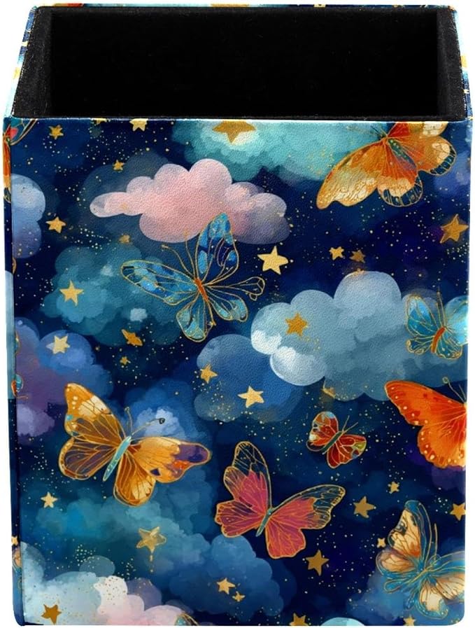 Butterfly Pen Holder for Desk Decor, Rectangular PVC Leather Pencil Cup for Desk Pen Organizer, Makeup Brush Holder for School, Home, Office