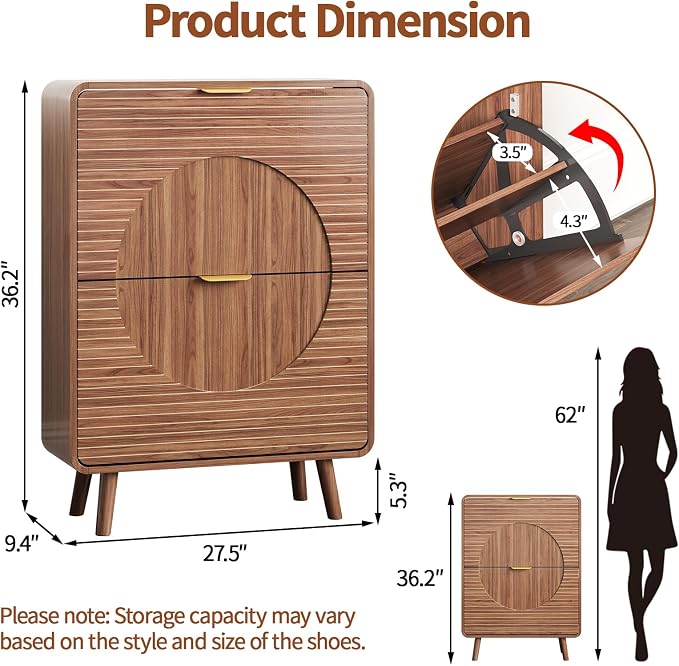 Shoe Storage Cabinet with 2 Flip Drawers for Entryway, 27.5" Freestanding Hidden Shoe Rack Cabinet, Narrow Shoe Organizer for Hallway, Foyer, Walnut