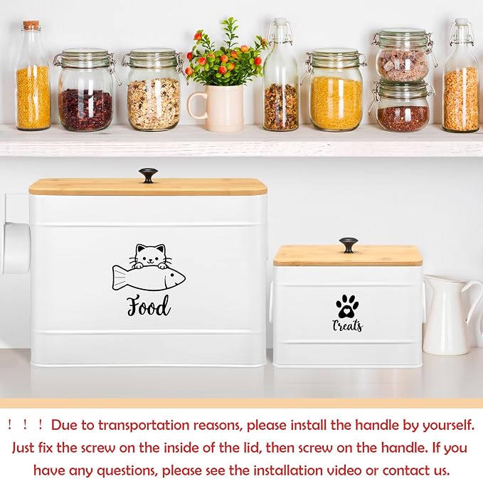 Reallnaive 2 Pcs Large Metal Cat Food Storage Containers 12+3.5 Lbs Decorative Pet Treat Snack Jars Airtight Bamboo Lids & Dry Food Scoop for Farmhouse Kitchen Counter Decor, Pet Owner Gifts(White)