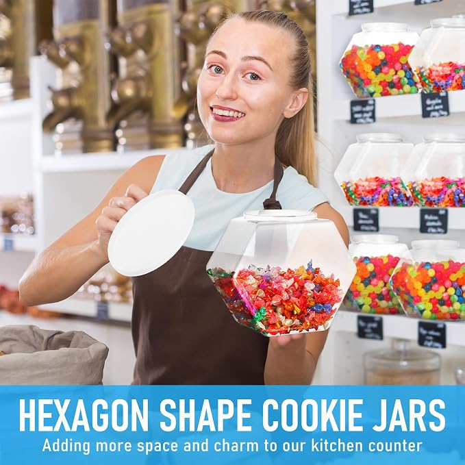 Uiifan Plastic Candy Jar with Lid Clear Hexagonal Fish Bowls,210 Oz | Clear Cookie Jar Desk Pet Display, Dog Food Craft Supplies Coffee Pod Storage, Wide Mouth Easy Access Organizer