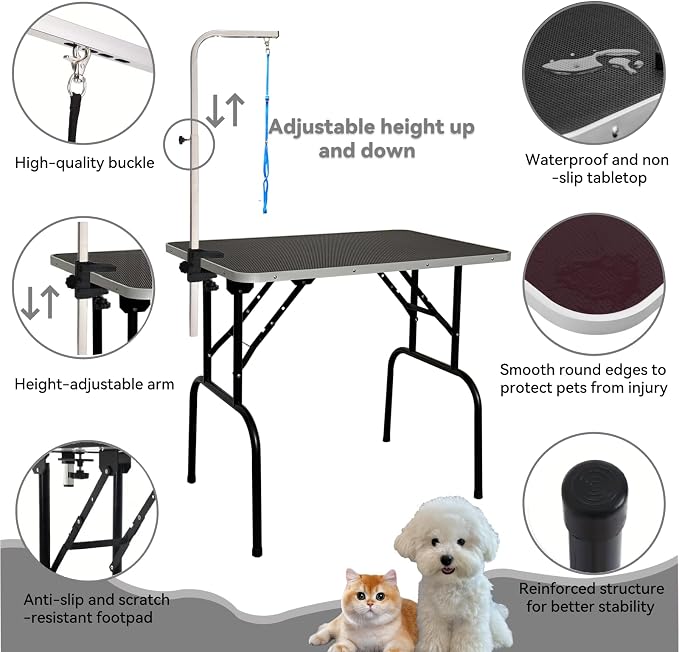 30-inch Foldable Dog Grooming Table - Heavy Duty Iron Pet Grooming Station with Adjustable Arm & Noose, Portable Non-Slip for Small Medium Dogs & Cats, Home & Salon Use - Black