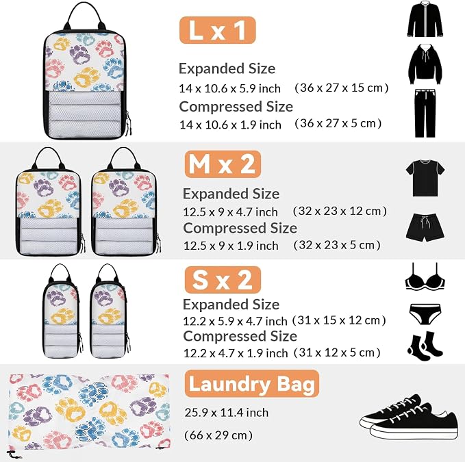 Paw Print Compression Packing Cubes Paw Print Pet Animal 6 Set Travel Packing Cubes for Suitcases Lightweight Expandable Organizers