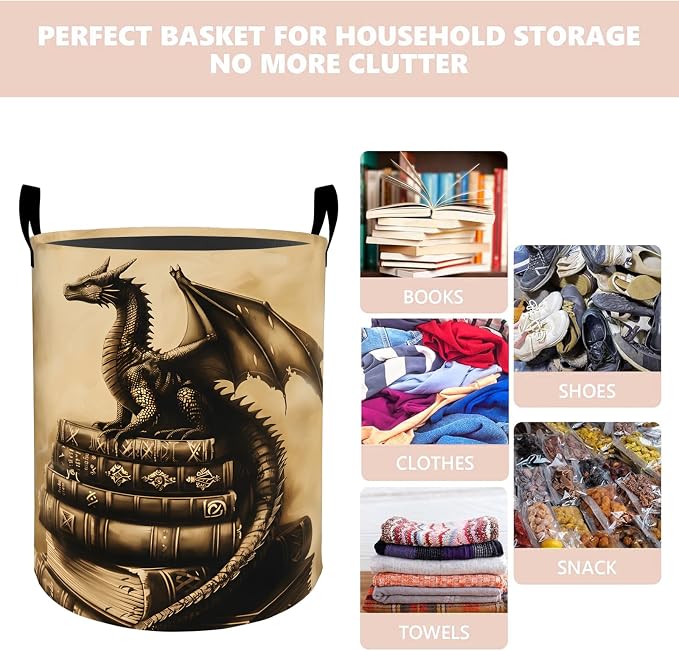 Dragon Book Laundry Basket Hamper 19.7"x15.8", Organizer Bins Gifts for Kids Boys Girls, Fantasy Dragon Foldable Waterproof Oxford Clothes Storage Bucket for Bedroom Bathroom Decor