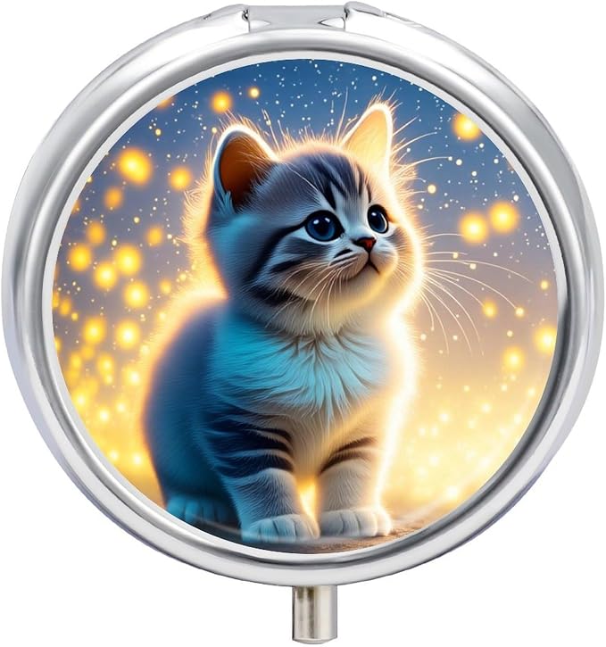 Cute Pet Scene Metal Round Pill Box, 3 Compartment Travel Organizer, Portable Pill Container with Secure Latch, 2 Inch Circular Vitamin Caddy for Pills and Vitamins, Gift for Him Her Elderly