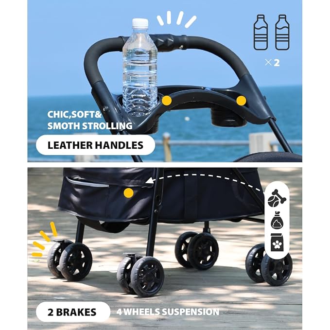 One-Click Foldable Pet Stroller, Lightweight Fixed Carrier Cart for Small Medium Dogs Cats, Portable Travel Small Dog Stroller Up to 40 lbs,Large Cat Stroller, Black ﻿