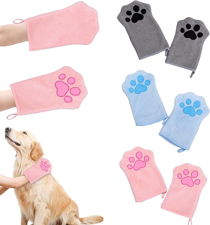 Dog Drying Mitts 3 Pairs Super Absorbent, Ultra Soft Microfiber Pet Bath Towel Gloves for Quickly Drying Dogs Cats, Grooming Hand Towels for Muddy Paws, Ears, Underbelly after Bathing Rainy Walks
