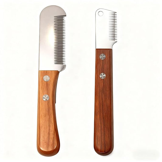 Carding Knife for Dog Grooming, Undercoat Removal Comb for Terriers and Double Coated Breeds, 2 Piece Fine and Coarse Wooden Handle Set for Professional Groomers and Home Use