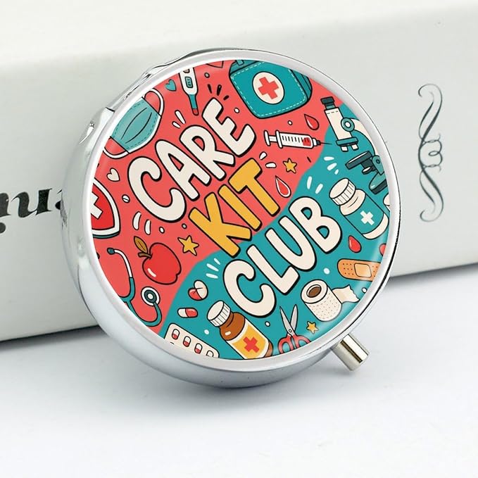 Care Kit Club Doodle Collage Round Pill Box with 3 Compartments, Portable Travel Pill Organizer with Spring Snap Closure for Vitamins Supplements Fish Oil