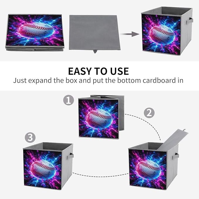 Galactic Baseball Energy Burst Storage Bin with Handles, Oxford Fabric Foldable Storage Cube Organizer for Clothes, Towels, Bedroom, Living Room, Home Organization