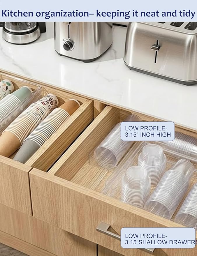 Adjustable Drawer Dividers 5 Pack, 3.15" High, Clear Plastic | 11"-20" expanding shallow drawer organizer with non-slip pads for socks, makeup, kitchen, bathroom and desk.