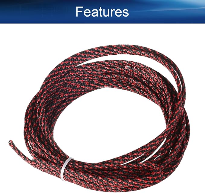 Jutagoss PET Expandable Braided Cable Sleeve, 16.4ft - 1/4 inch Black Red Cable Management Sleeve, Wire Loom Tube Cord Protector for USB Cable, Power Cord, Audio Video and More, 1Pc