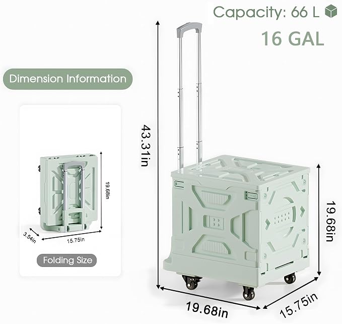 VECELO 66LHeavy-Duty 2-in-1 Foldable Utility Cart, Large Capacity Rolling Crate, Thickened Material with Silent Swivel Wheels, Dual Modes (Basket/Flatbed) for Grocery, Laundry, Camping, Green