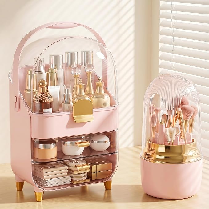 Large Pink Makeup Organizer Set with Clear Dome Cover and Brush Holder, 2-Tier Skincare Storage Case with 3 Pull-Out Drawers for Cosmetics, Lipsticks, Jewelry, and Beauty Tools（Pink）