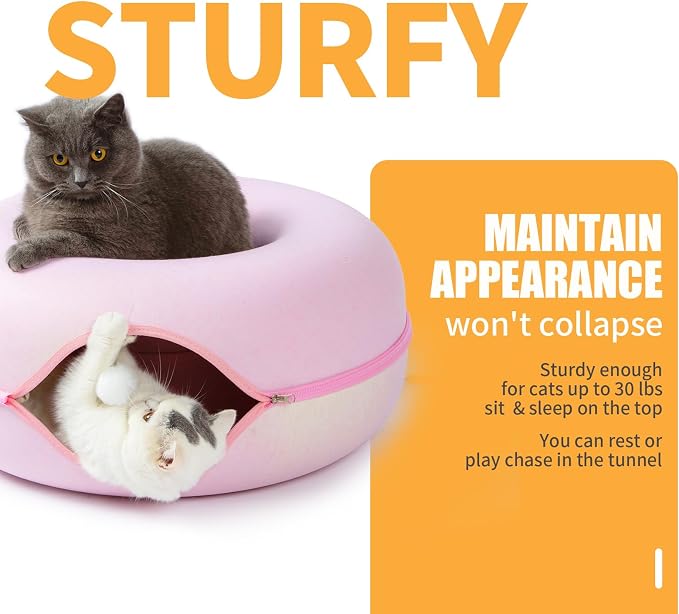 Peekaboo Cat Tunnel for Large Cats up to 30 lbs, Features A Jingle Ball, Removable and Washable Tunnel Bed, and a Cozy Donut Tunnel (Pink, 24 Inches)