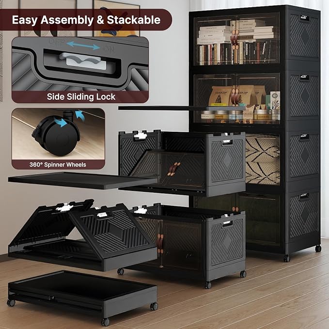 Stackable Storage Bins with Lids, 1440QT Lockable Storage Cabinet | Folding Storage Box with Doors and Wheels, Collapsible Plastic Drawers for Home, Garage, Office