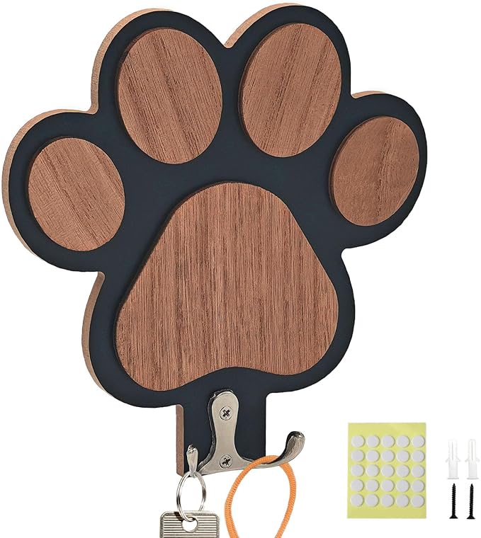 Goodangie00 Wooden Dog Leash Holder Wall Decoration, 3D Dog Paw Harness Wall Mount Hanger Organizer Hooks for Rustic Home Decor, Leashes, Keys, Collars, Hallway, Pet Lover Gift（Black）