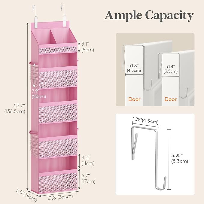 Lifewit 5 Tier Over the Door Organizer, Diaper Hanging Storage, Pink | Nursery Sturdy Large Heavy Duty Back of Door Shelf with 4 Mesh Side Pockets, for Baby Stuff Toy in Pantry, Laundry, Bathroom