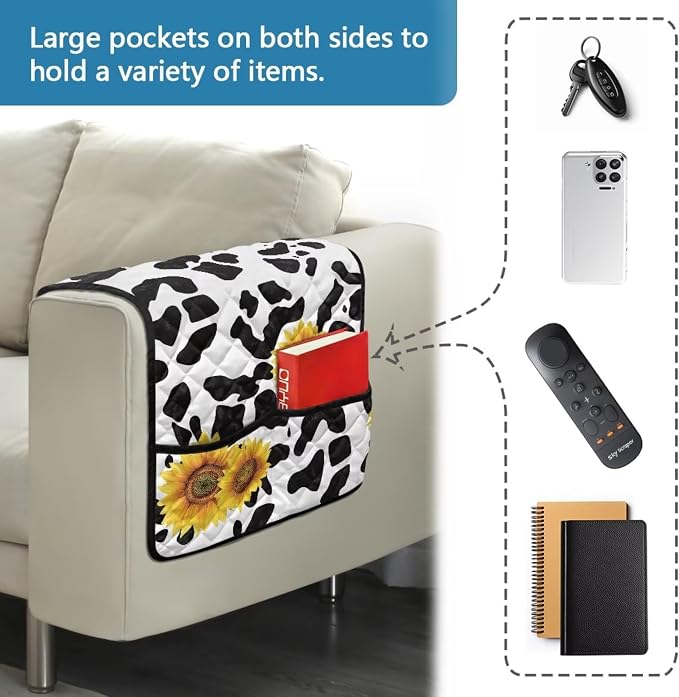 Cow Sunflower Stretch Armrest Covers Couch Arm Cover Non-Slip Arm Rest Covers with Two Pockets Armchair Slipcovers for Recliner Furniture Protector Home Decor