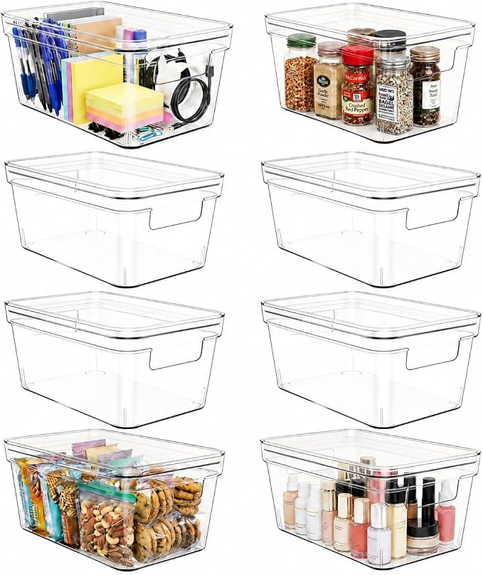 MOONEDGE 8-Pack 10x6x5 Stackable Small Clear Storage Bins with Lids | Plastic small item organizer containers with handles for vanity, craft, office, fridge, kitchen, pantry, bathroom and closet